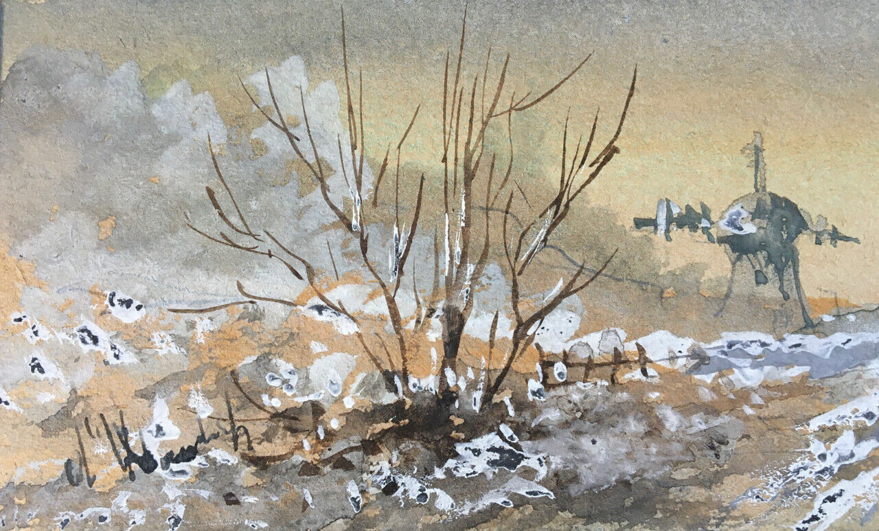 Paysage animé au moulin — aquarelle sur papier réhaussée signée en bas à gauche.