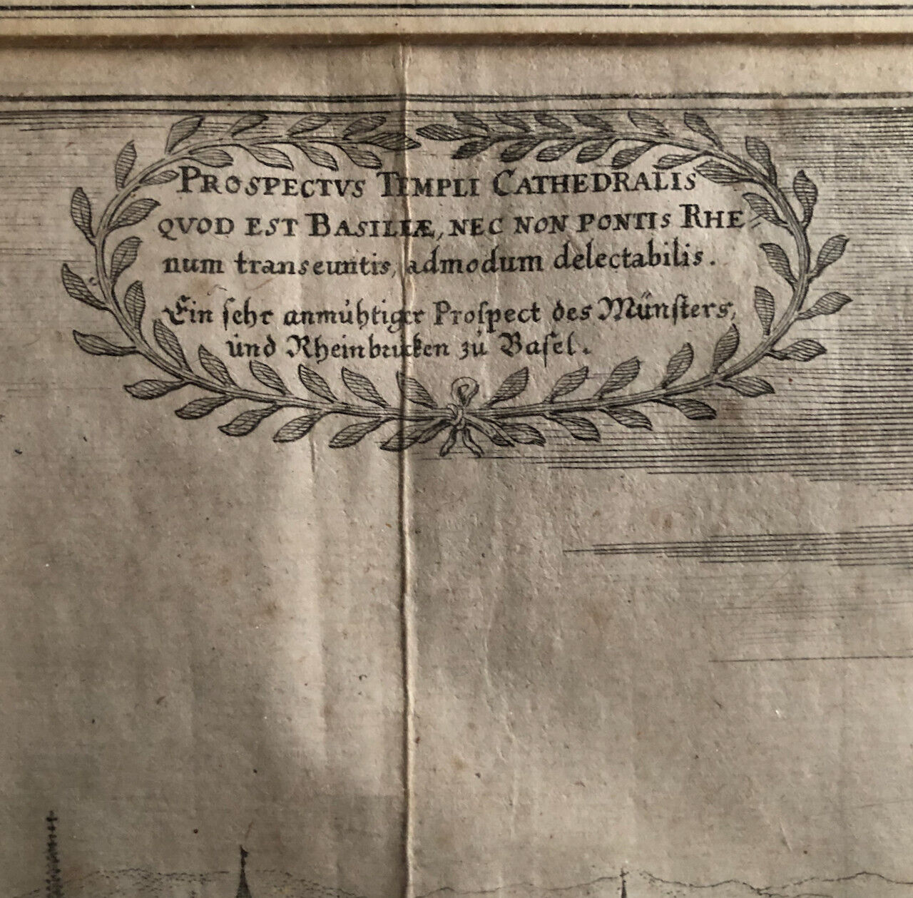 Matthäus Merian — Vue du Pont du Rhin & de la cathédrale à Bâle — circa 1660.