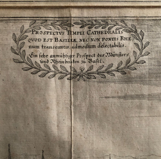 Matthäus Merian — Vue du Pont du Rhin & de la cathédrale à Bâle — circa 1660.