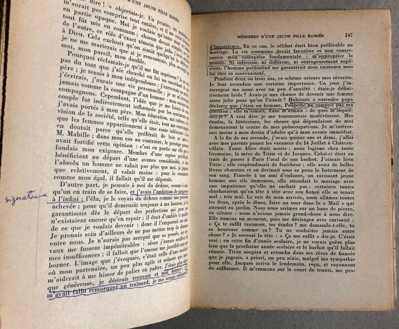 Simone de Beauvoir — Mémoires d'une jeune fille rangée — É. O. envoi autographe