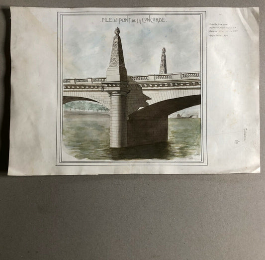 Pont de la Concorde — academic watercolor drawing, titled & signed — 1913.