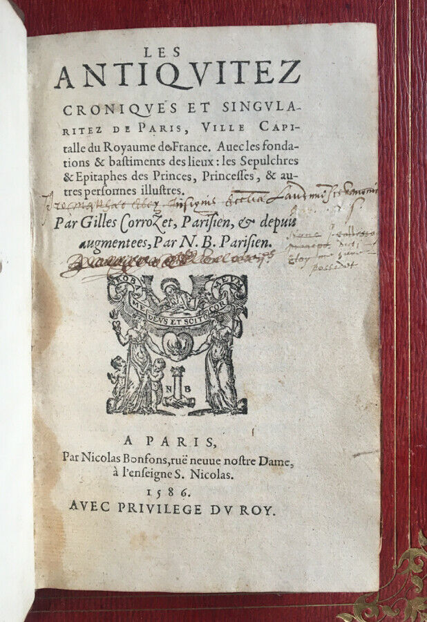 G. CORROZET - LES ANTIQUITÉS CHRONIQUES ET SINGULARITÉS DE PARIS - BONFONS 1586