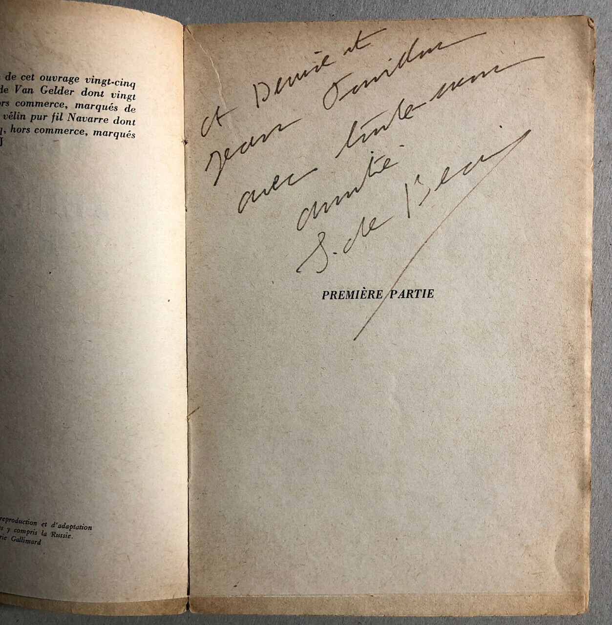 Simone de Beauvoir — Mémoires d'une jeune fille rangée — É. O. envoi autographe