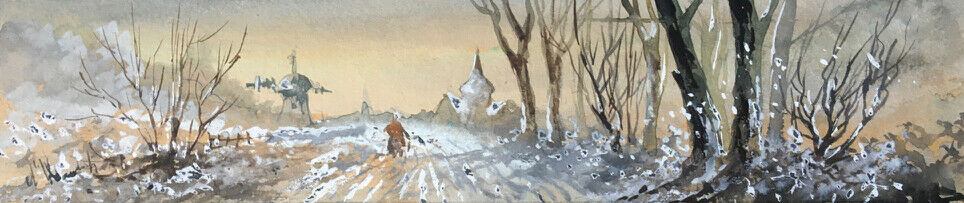 Paysage animé au moulin — aquarelle sur papier réhaussée signée en bas à gauche.