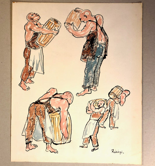 Basil Rákóczi — Men at work III - Mallorca — aquarelle signée & datée — 1965.
