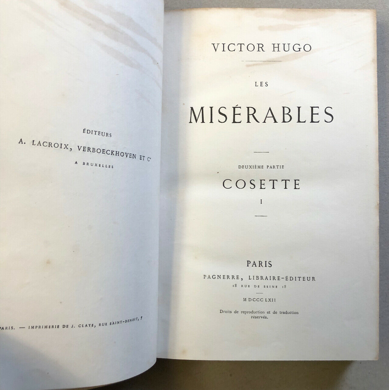 Victor Hugo — Les Misérables — édition originale — 10 vol. — Pagnerre — 1862.