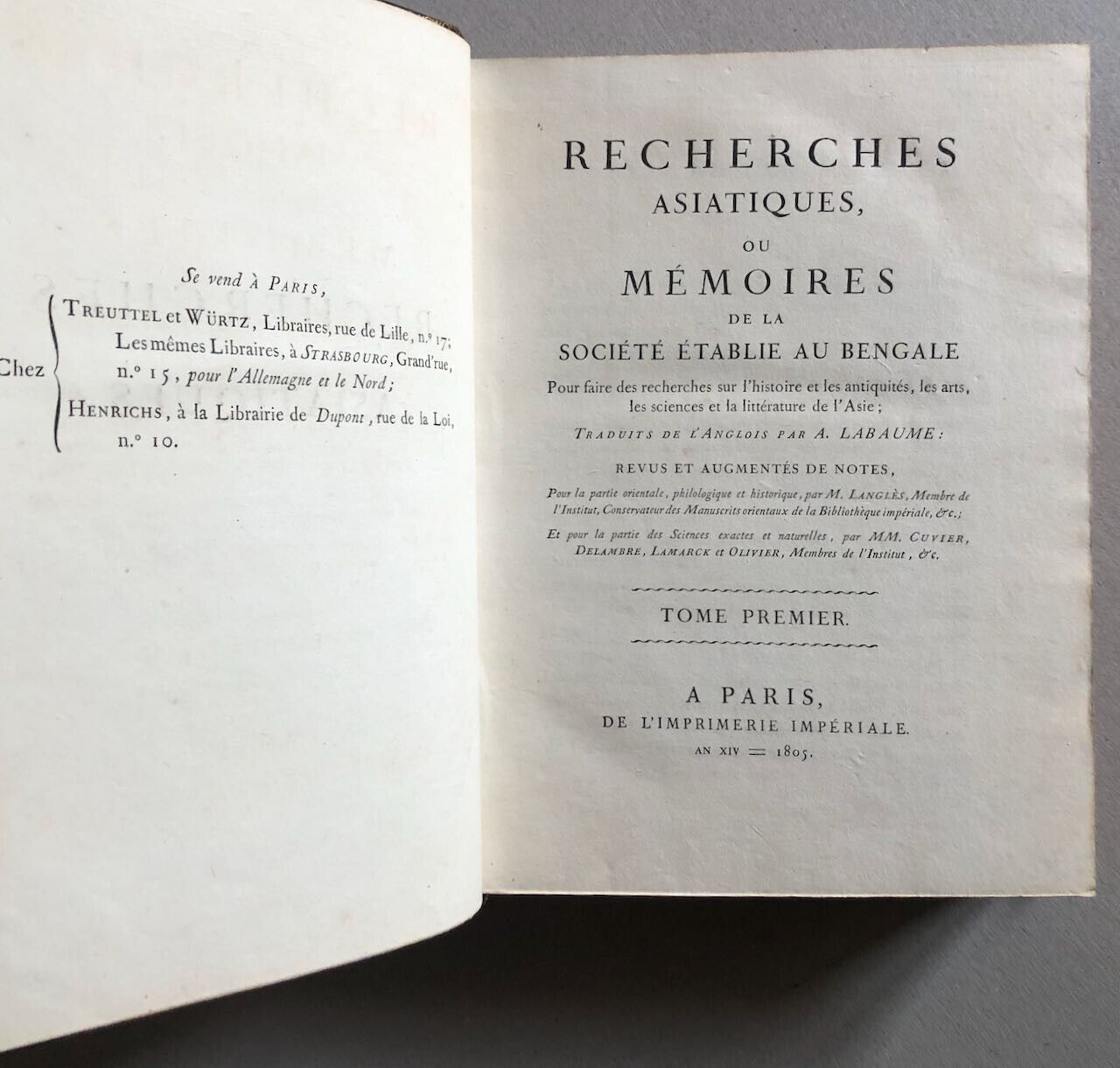 Labaume (trad.), Cuvier, Lamarck — Recherches asiatiques - Bengale — é.o. — 1805