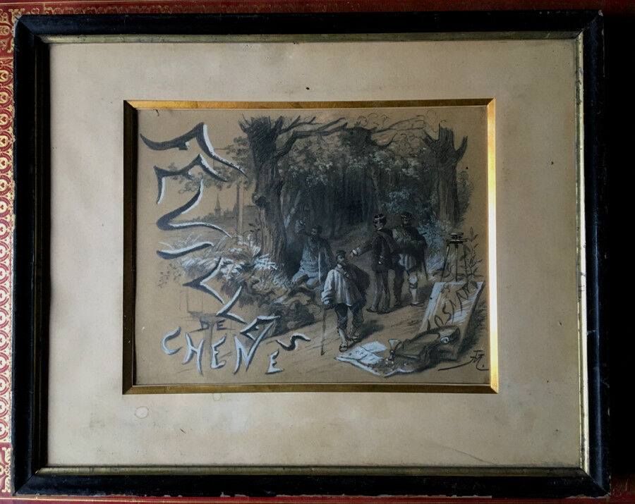 Feuilles de chêne — dessin à la mine de plomb réhaussé à la gouache monogrammé en bas à droite — circa 1900.