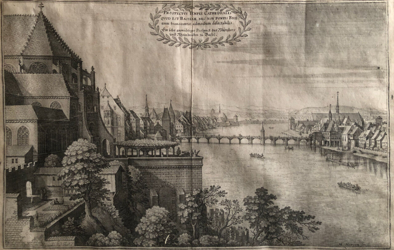 Matthäus Merian — Vue du Pont du Rhin & de la cathédrale à Bâle — circa 1660.