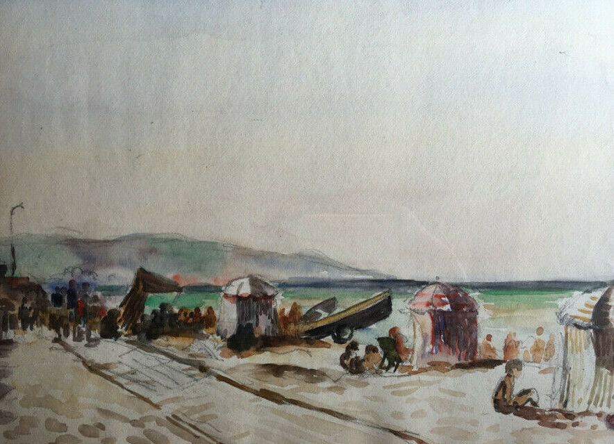 PLAGE ANIMÉE ET CABINES - AQUARELLE SUR PAPIER - XXème.