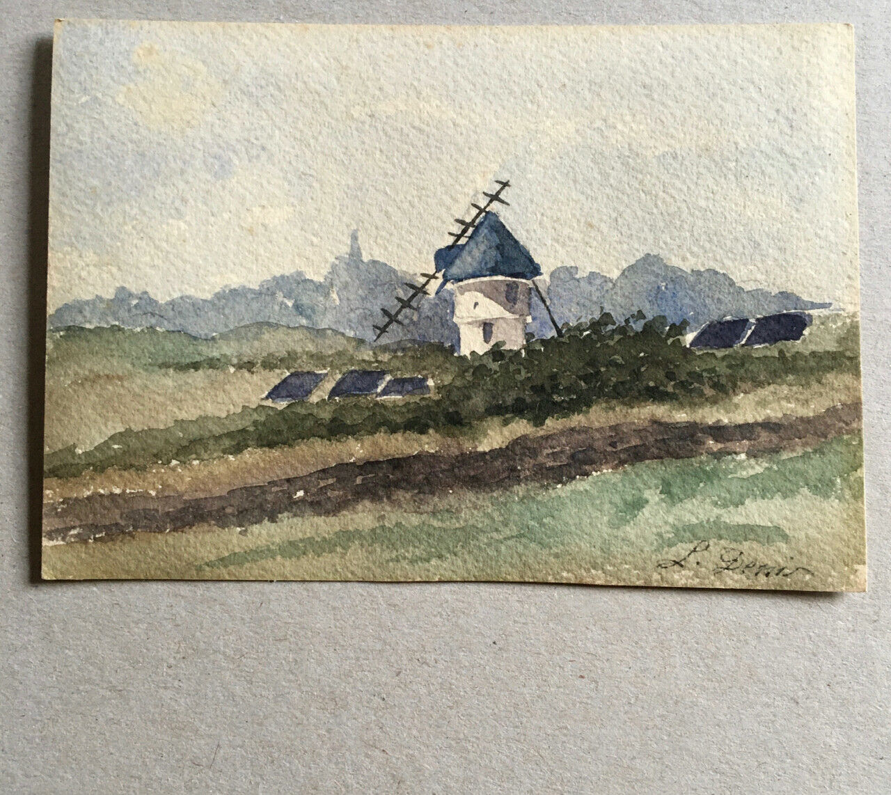Léonie Denis — Moulin du Bourg de Batz — aquarelle sur papier signée en bas.