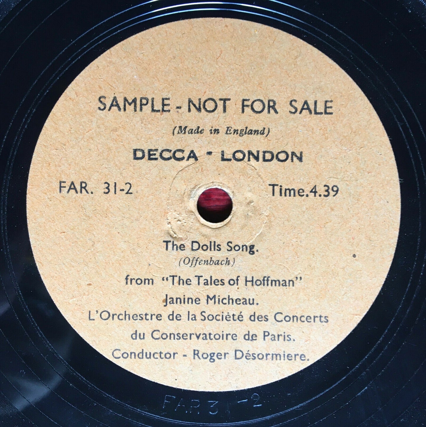 OFFENBACH — DOLL SONG — JANINE MICHEAU, DÉSORMIÈRE — 78 T SAMPLE LONDON FAR 31-2