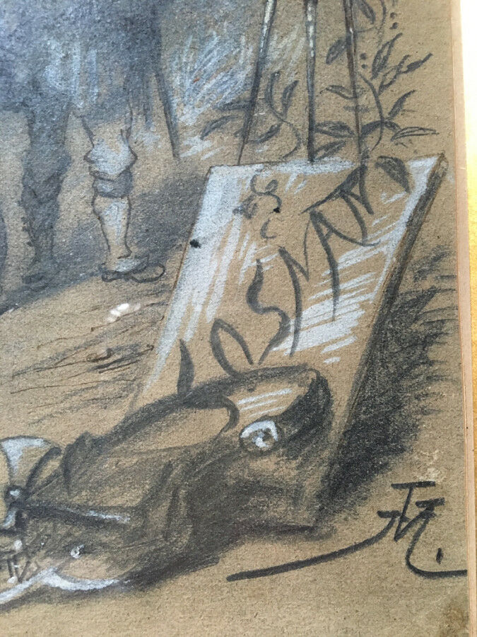 Feuilles de chêne — dessin à la mine de plomb réhaussé à la gouache monogrammé en bas à droite — circa 1900.
