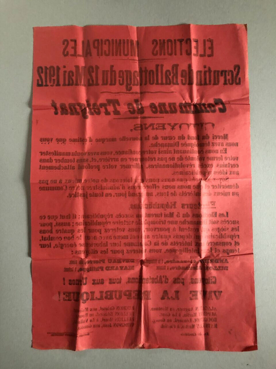 Treignat , Auvergne — République — placard, affiche élections municipales — 1912