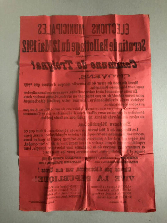 Treignat , Auvergne — République — placard, affiche élections municipales — 1912