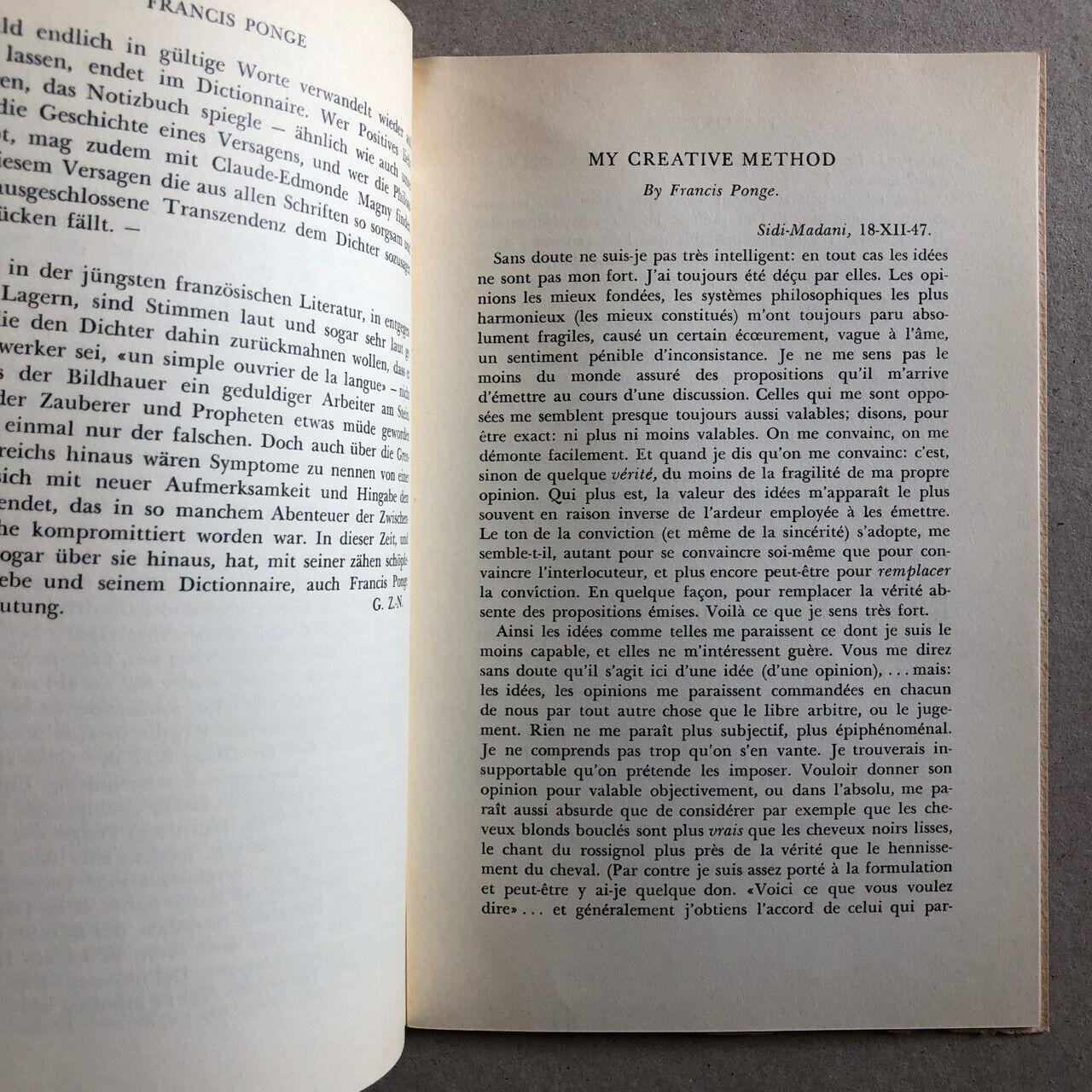 Francis Ponge — My creative method — ex. numéroté / 50 — Atlantis verlag — 1949.