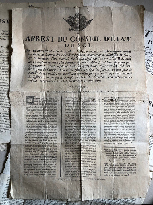 Ensemble de 5 placards, affiches concernant la Généralité d'Amiens — XVIIIème s.