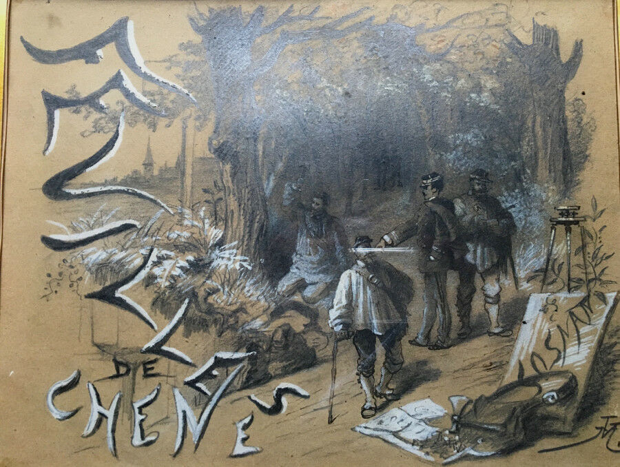 Feuilles de chêne — dessin à la mine de plomb réhaussé à la gouache monogrammé en bas à droite — circa 1900.
