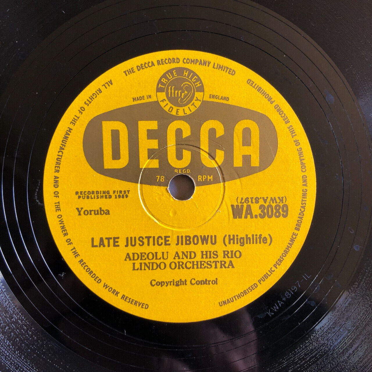 Adeolu & his Rio Lindo orchestra — Late Justice Jibowu (Highlife) — Decca WA3089