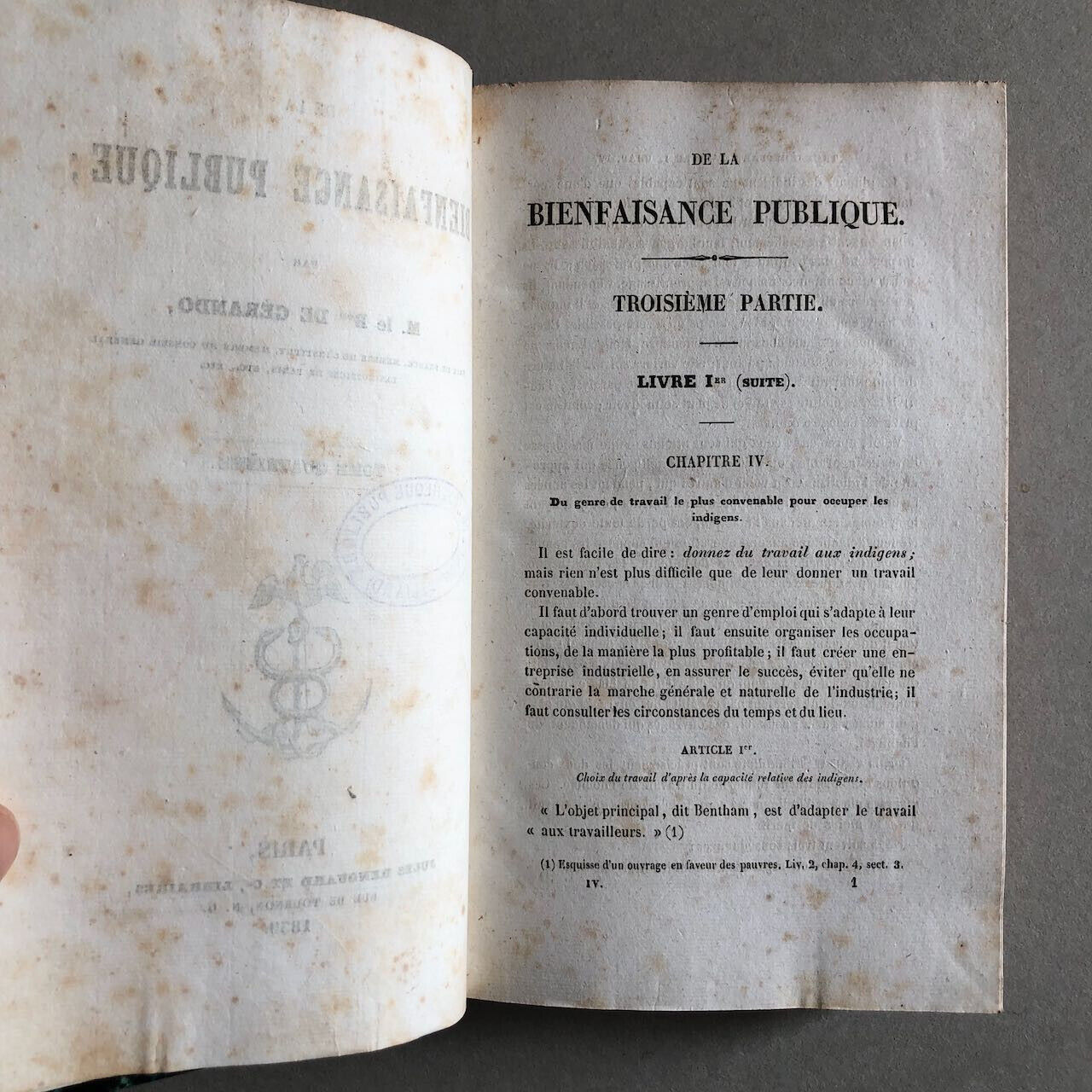 Baron de Gérando — De la Bienfaisance publique — é.o. — 4 vol. — Renouard — 1839