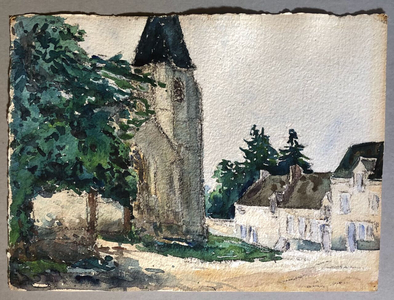 Anonyme — place d'une église de village — aquarelle sur papier fort rigide 28x38