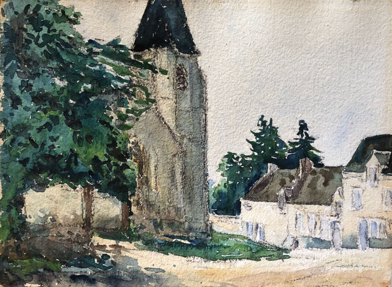 Anonyme — place d'une église de village — aquarelle sur papier fort rigide 28x38