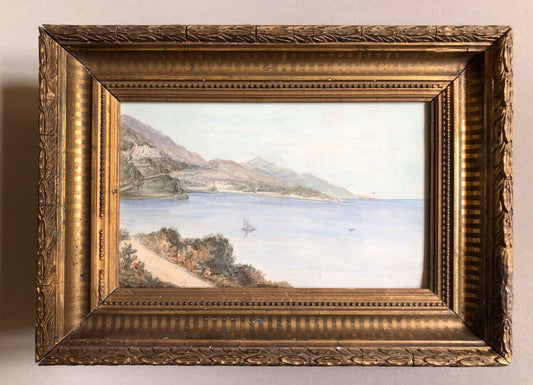 Côte méditerranéenne de Roquebrune à Bordhigera — aquarelle signée & datée 1861.