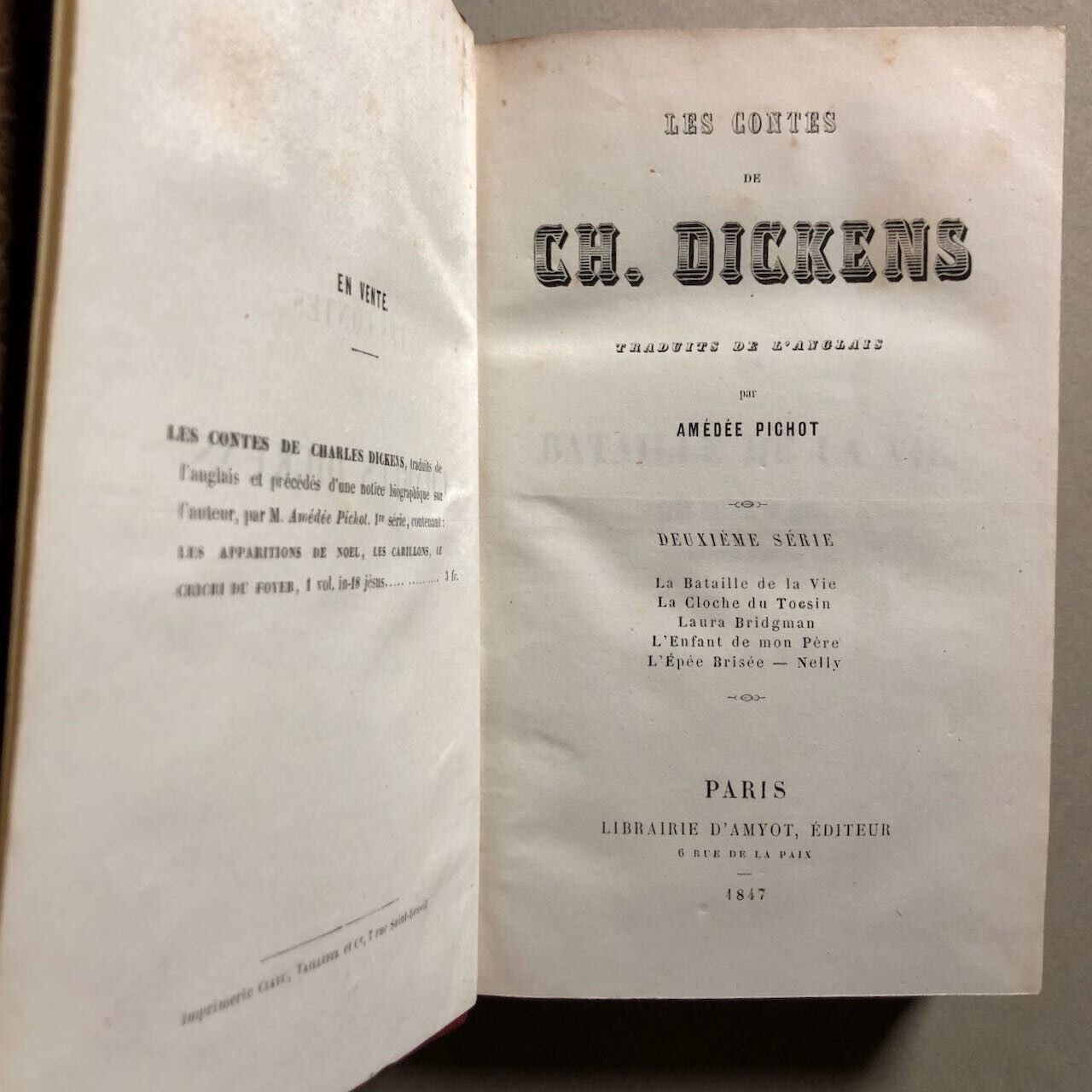 Charles Dickens — Contes — é.o. - envoi autographe Amédée Pichot — Amyot — 1847.