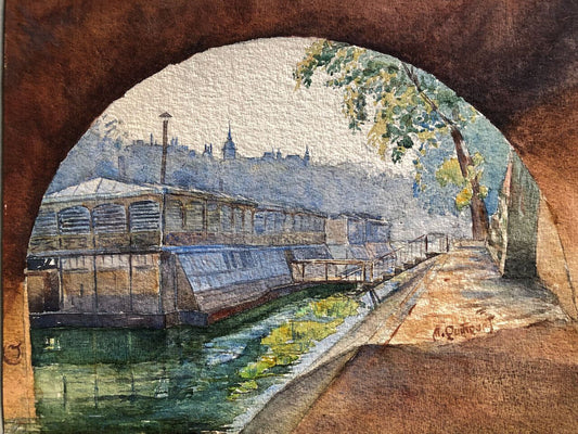 M. Quinquet — péniche sur les quais de Seine — aquarelle sur papier — c. 1925.