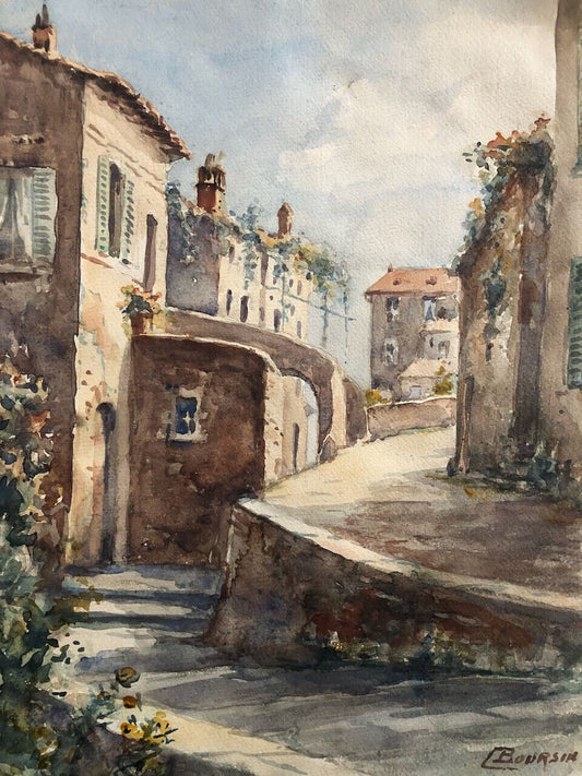 Édouard Boursin — ruelle dans une ville méridionale — aquarelle signée