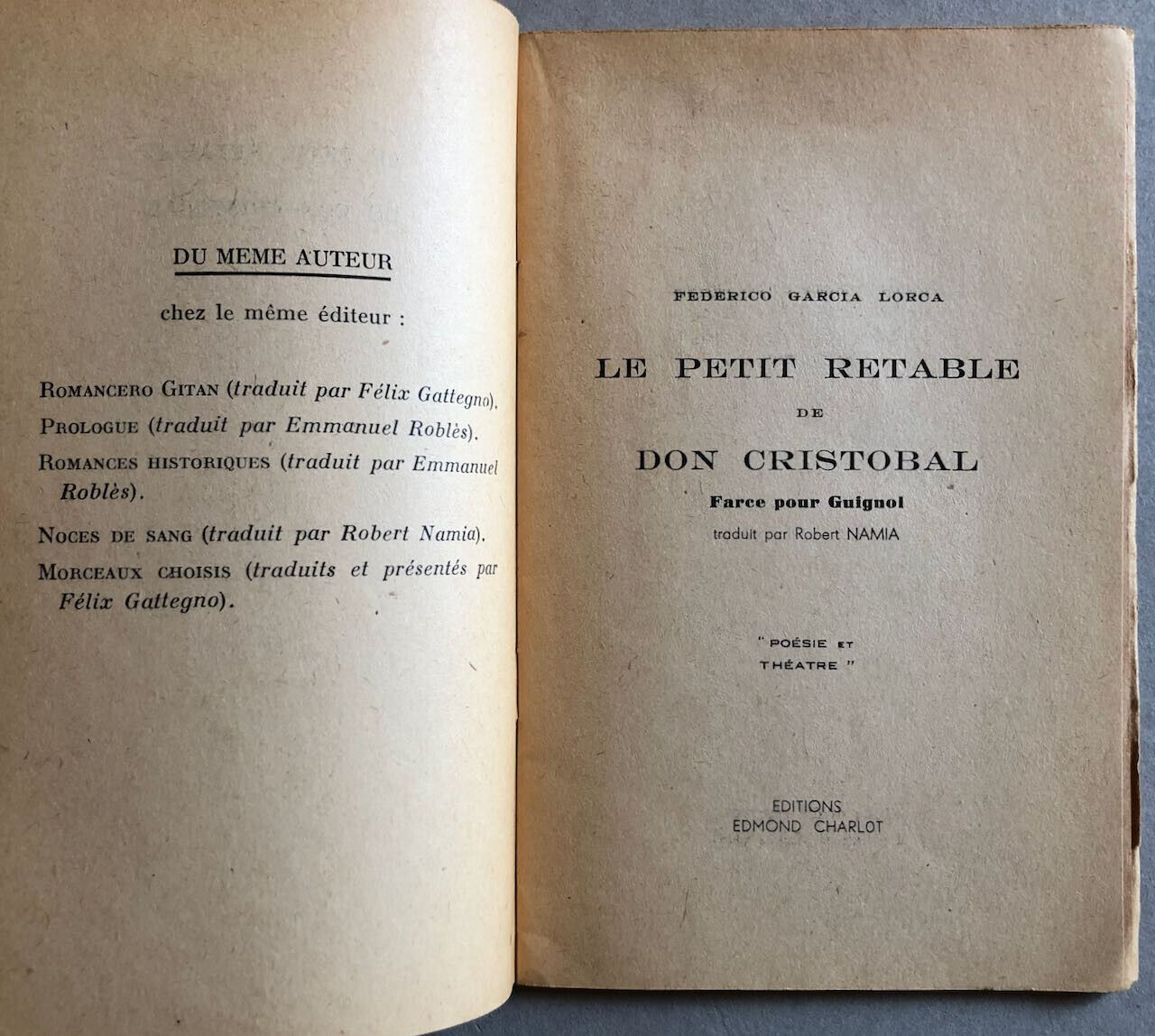 Garcia Lorca — Le petit Retable de Don Cristobal — é.o. n°/350 — Charlot — 1944.