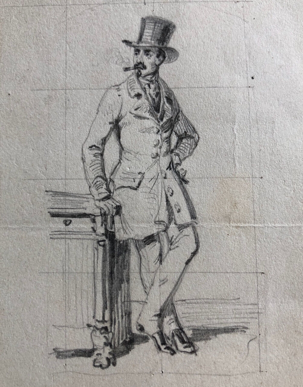Gentleman au haut-de-forme en pied — dessin au crayon — mise au carreau — XIXe.