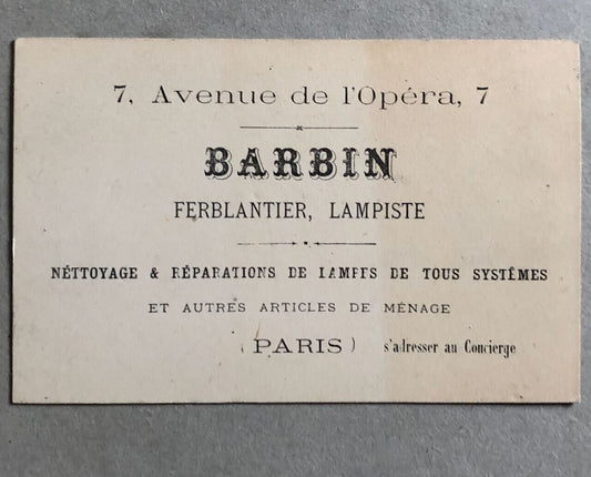 Barbin - ferblantier, lampiste — carte de visite professionnelle — XIXe siècle.