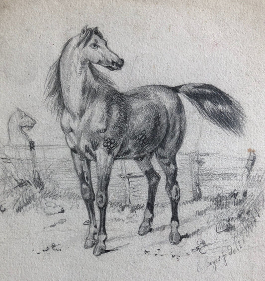 Eugène Beyer (1817-1893) — cheval en liberté — dessin au crayon signé et titré.