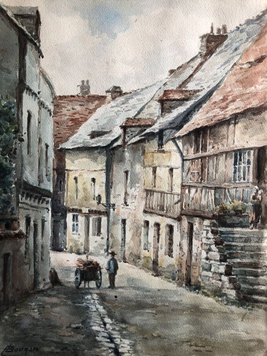 Édouard Boursin — ruelle de village animée — aquarelle signée en bas à gauche.