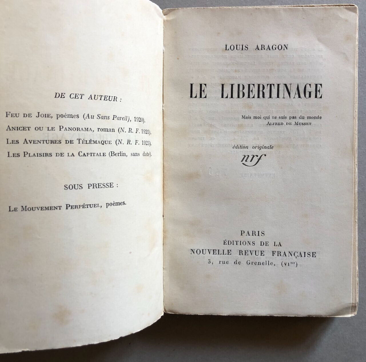 Louis Aragon — Le Libertinage — é.o. / pur fil — Nouvelle Revue Française — 1924