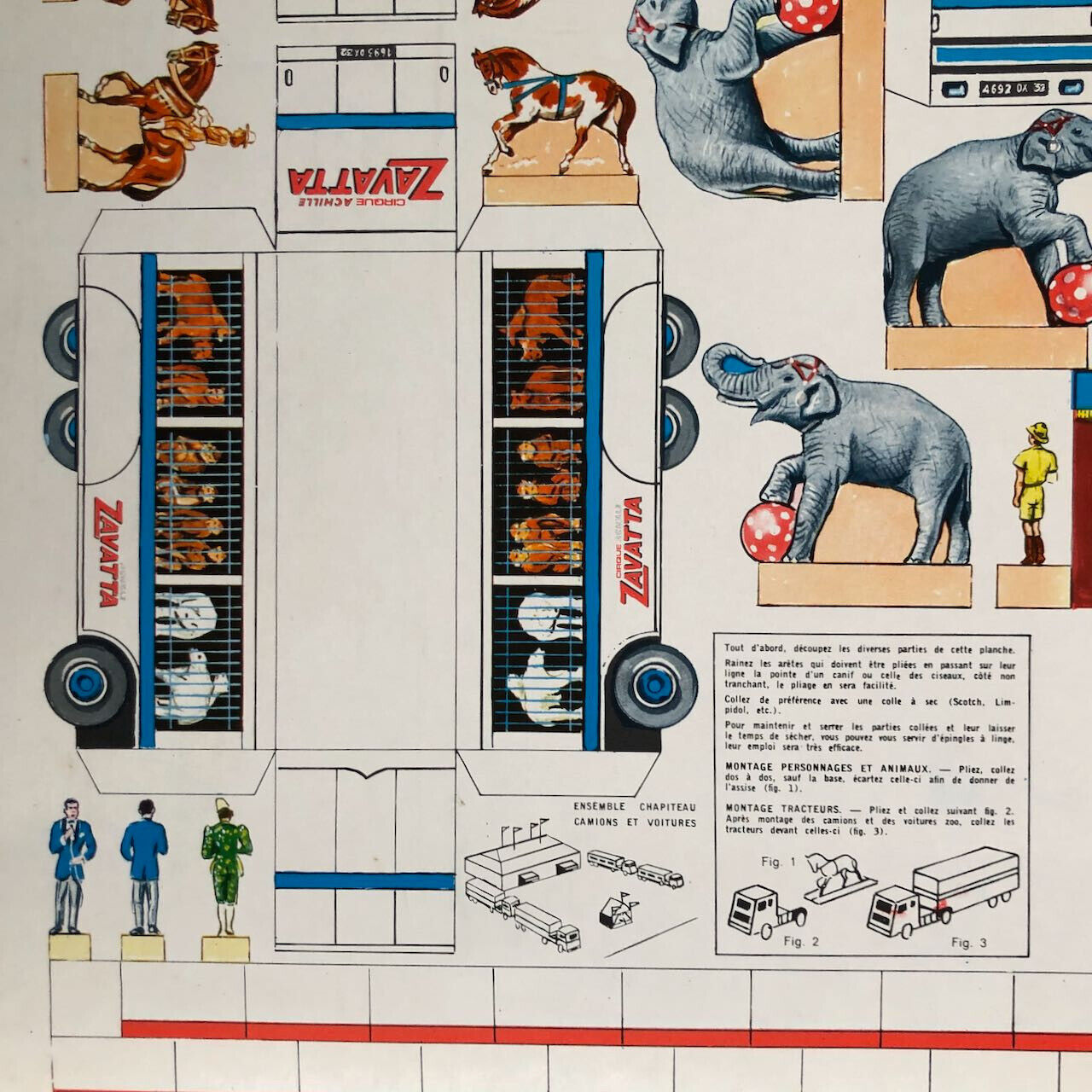 Cirque Zavatta — sujets à découper — 2 planches — 45 x 62,5 cm. — années 70-80.