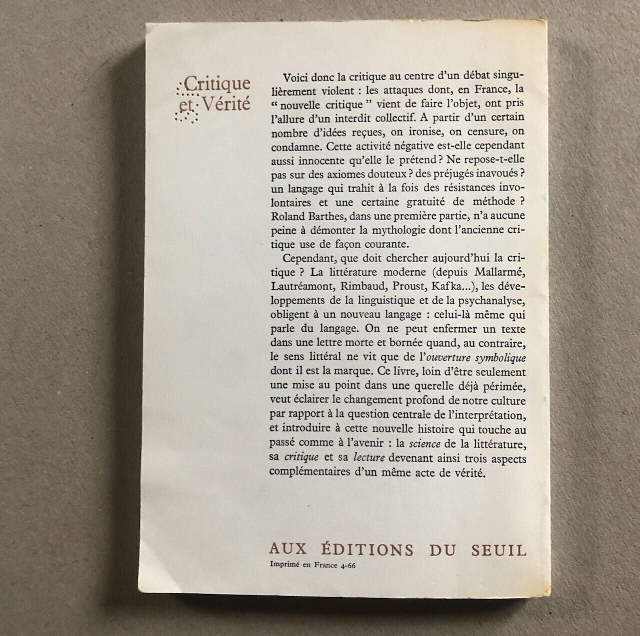 Roland Barthes— Critique et vérité — é.o. s.p. — envoi autographe — Seuil — 1966