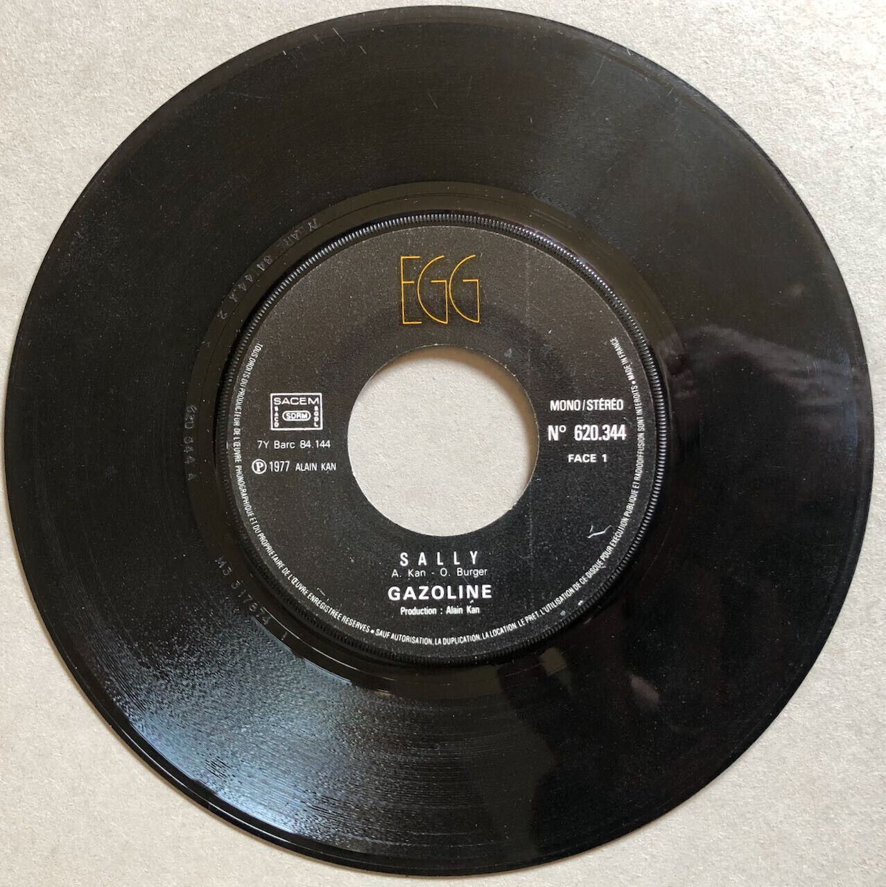 Gazoline (Alain Kan) — Sally/Electric injection — 45 RPM 7" — Egg 620.344 — 1977