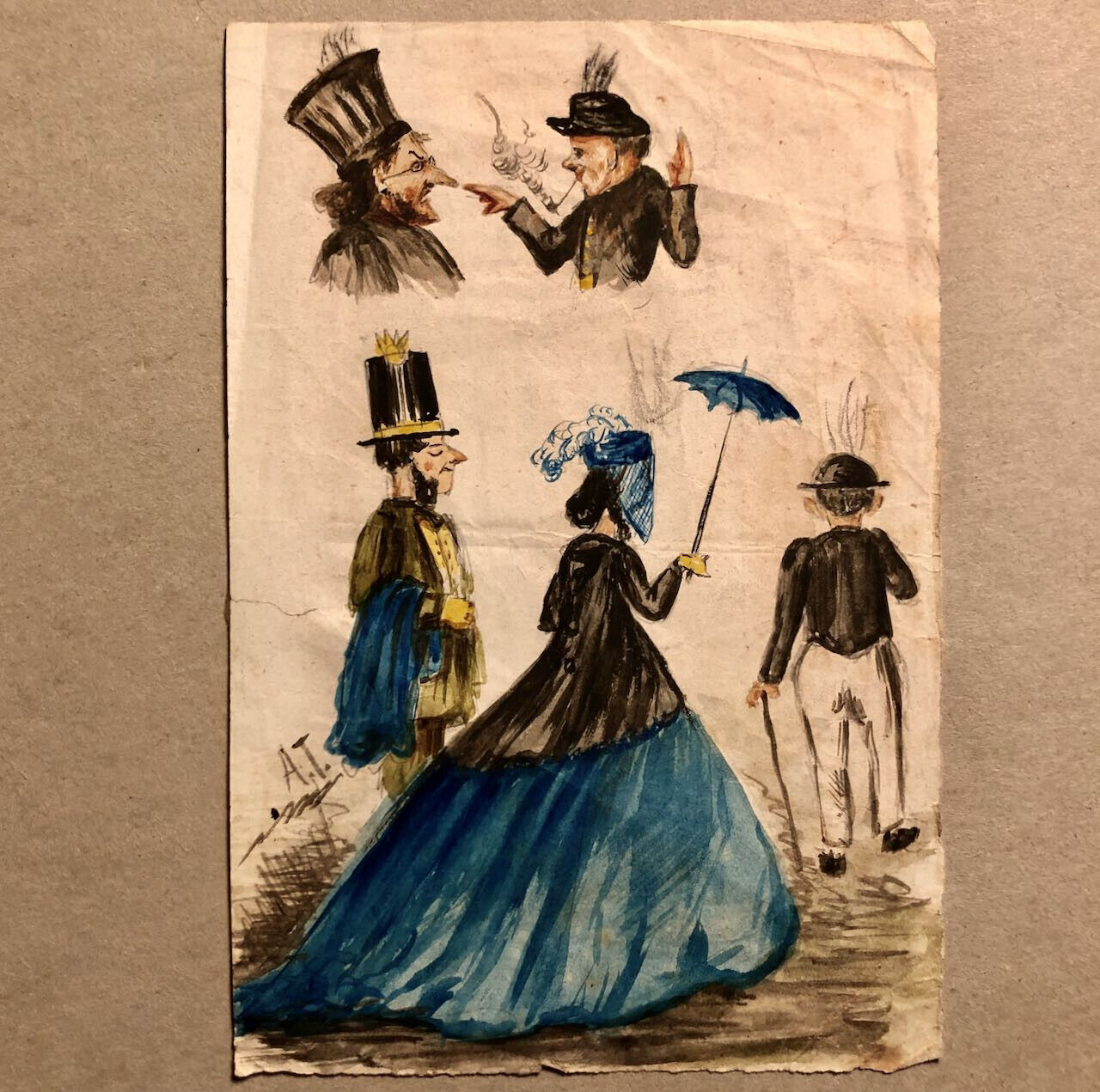 2 caricatures sur une page de carnet monogrammée — aquarelle / papier — c. 1860.