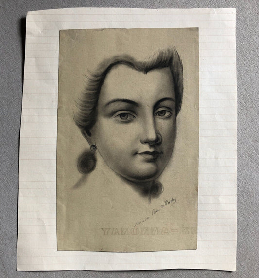 Mercedes de Prieto — portrait de femme — dessin au fusain signé en bas à droite.