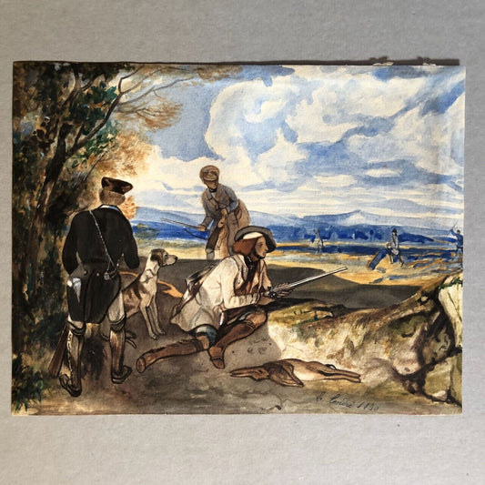 Scène de chasse — aquarelle sur papier signée en bas à droite et datée 1840.