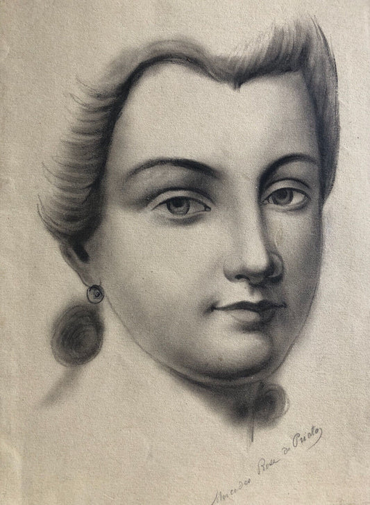 Mercedes de Prieto — portrait de femme — dessin au fusain signé en bas à droite.