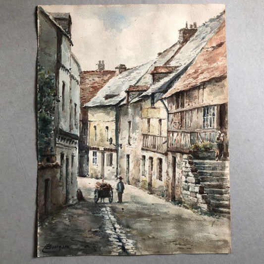 Édouard Boursin — ruelle de village animée — aquarelle signée en bas à gauche.