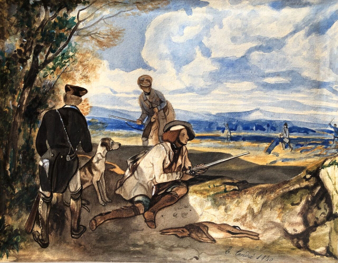 Scène de chasse — aquarelle sur papier signée en bas à droite et datée 1840.