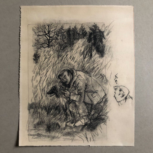 Anonyme — homme et son chien  — fusain sur papier à grain — 29 x 23,5 cm.