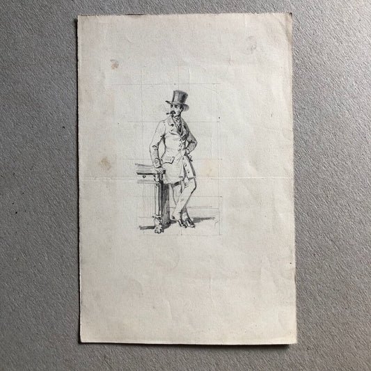 Gentleman au haut-de-forme en pied — dessin au crayon — mise au carreau — XIXe.