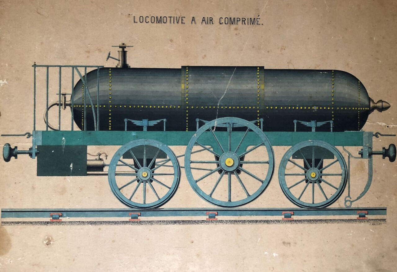 J. Mallet — Locomotive à air comprimé — aquarelle et encre sur papier — c. 1880.