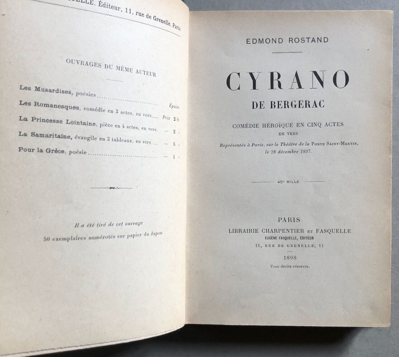 Edmond Rostand — Cyrano de Bergerac — é.o. — Charpentier — 1898.