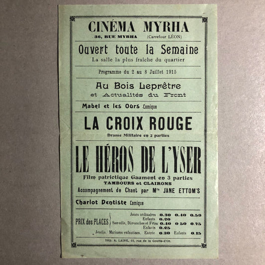 Cinéma Myrha — programme de cinéma / flyer —  Charlot dentiste — juillet 1915.